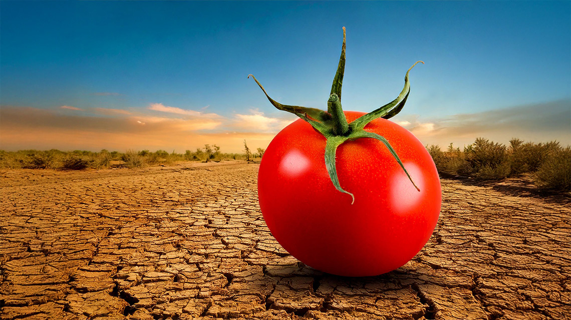 terreno arido e pomodoro maturo